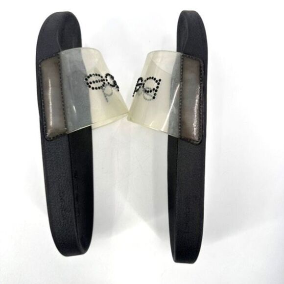 NWOT Bebe Dahlia Clear Size 9 Slides Sandals Black Spellout Large - Picture 6 of 9